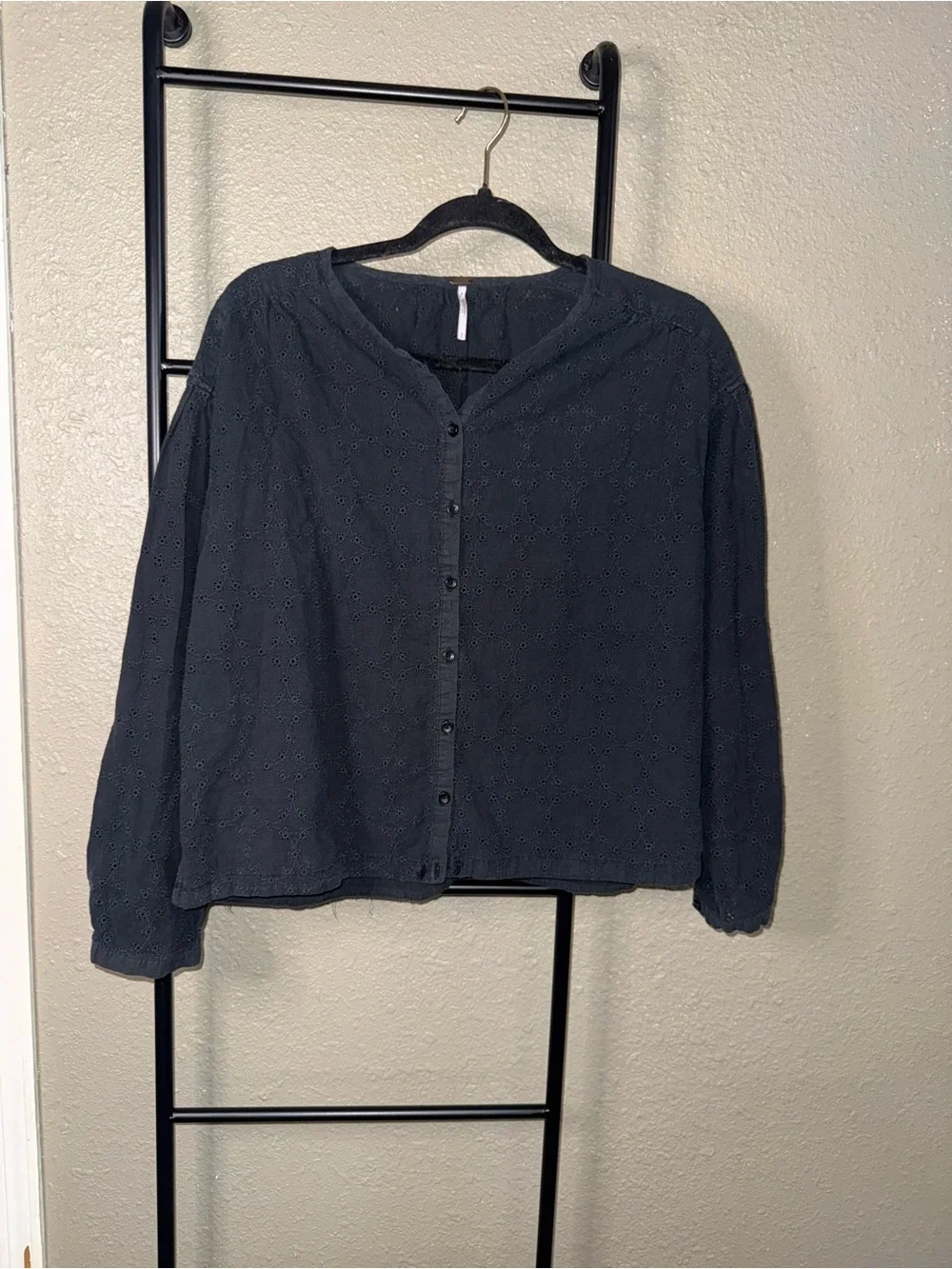 Free People Eyelet Button-Front Blouse in black